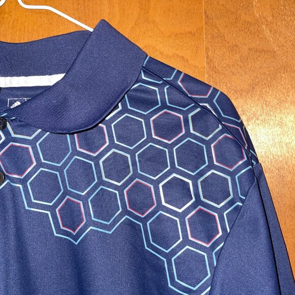 Adidas Golf Navy ClimaCool Polo Shirt With Hexagon Pattern Mens Size L - Picture 2 of 5